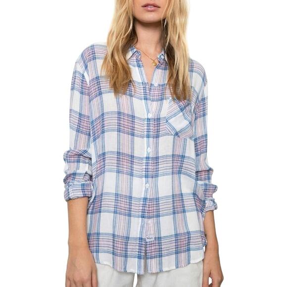 Rails Plaid Button Down Blouse Women’s Large Blue Pink Long Sleeve Collared - Picture 1 of 6